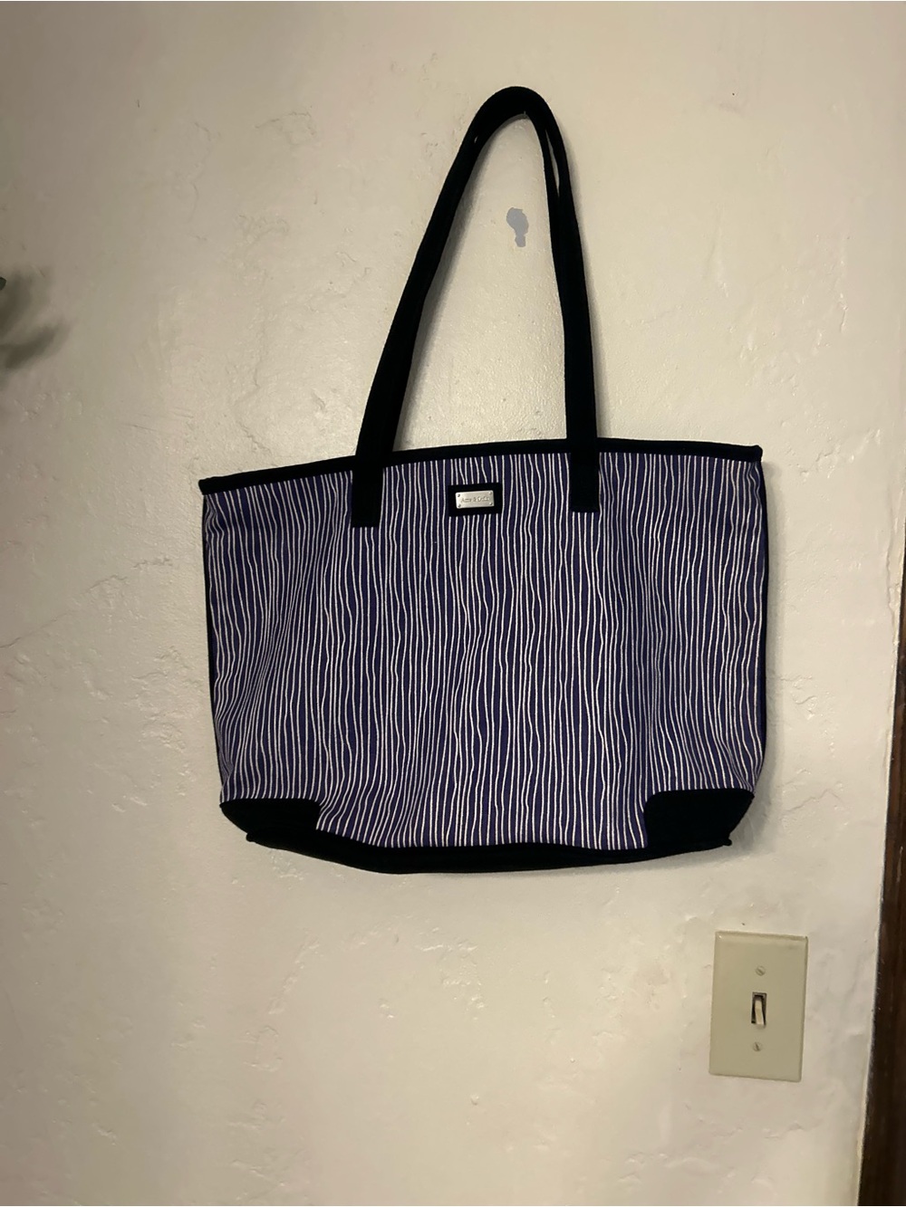 Purple  and White Striped Tote with Black Handles